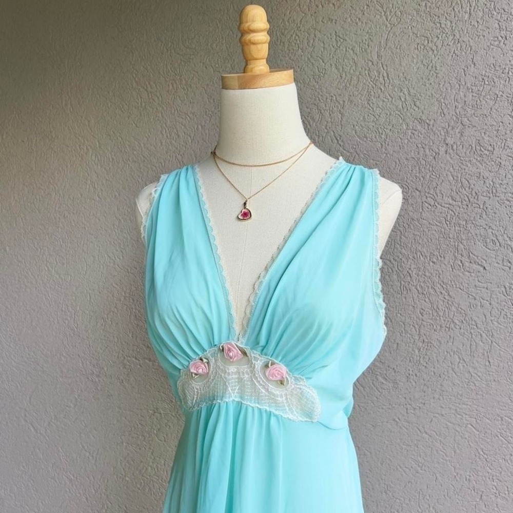 Vintage Aqua Blue Maxi Nightgown Slip Dress Lingerie w/ Sheer Lace Fits Medium - Picture 2 of 8